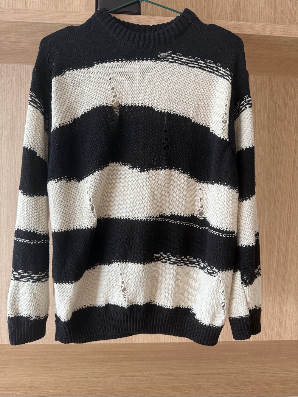 Zara Black and Cream Distressed Striped Crewneck Sweater